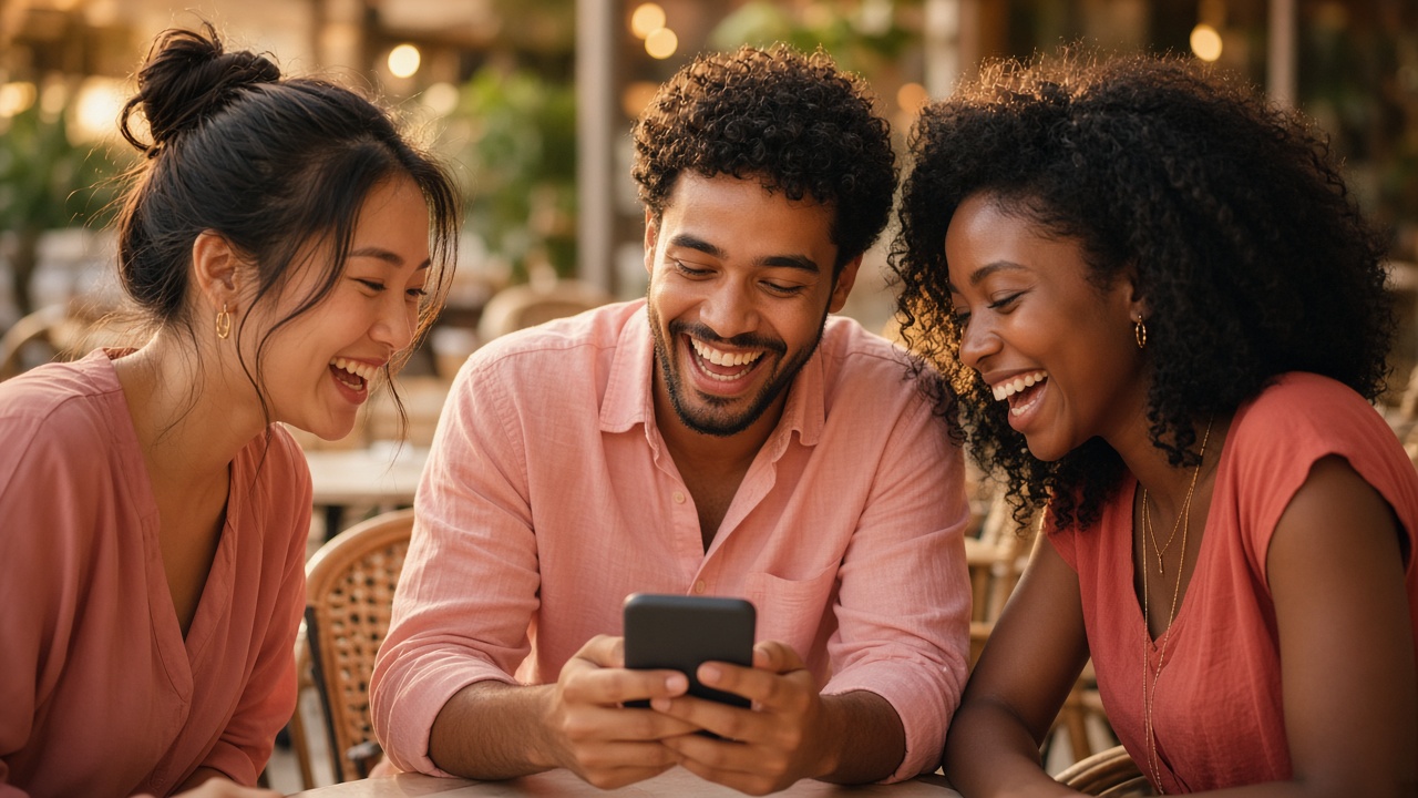 Friends laughing together over phone quizzes